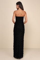Ravishing Appeal Black 3D Floral Applique Strapless Maxi Dress