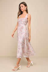 Darling Adoration Blush Pink Floral Midi Dress With Pockets