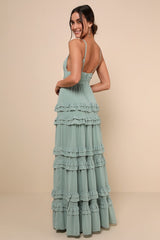 Lavish Perfection Sage Green Ruffled Tiered Maxi Dress