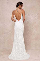 Everlasting Passion White Sequin Beaded Backless Maxi Dress