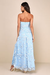 Rare Presence Powder Blue 3D Floral Embroidered Maxi Dress