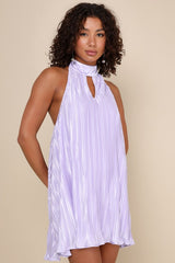 Pretty Aura Lavender Satin Plisse Mock Neck Mini Swing Dress