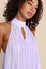 Pretty Aura Lavender Satin Plisse Mock Neck Mini Swing Dress