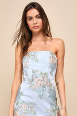 Upgraded Event Blue Jacquard Strapless Bustier Midi Dress
