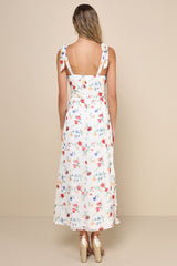 So Elevated Ivory Floral Jacquard Tie-Strap High-Low Midi Dress