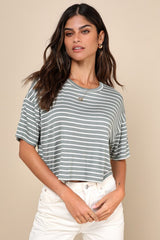 Natural Cutie Sage Green Striped Crew Neck Short Sleeve Top