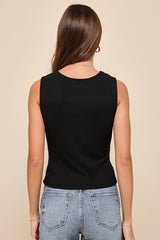 Effortless Potential Black Ribbed Lace Button-Front Tank Top