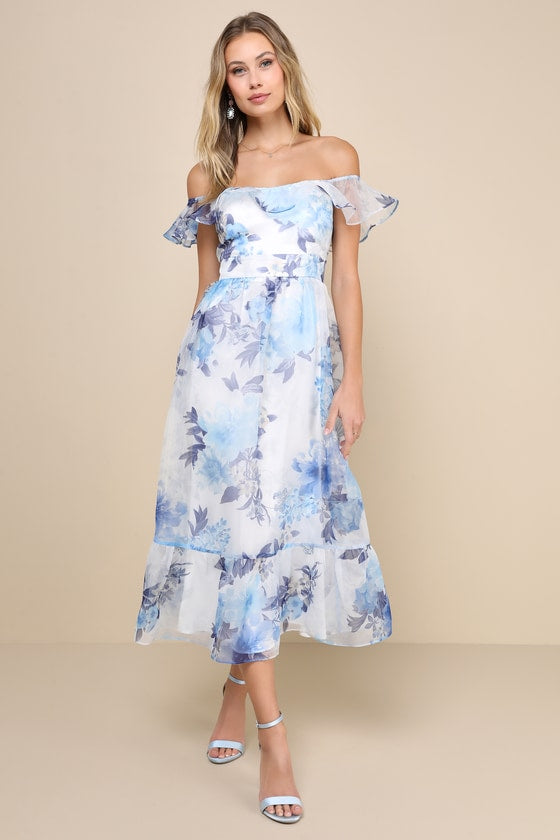 Sweet Composure White Floral Organza Off-the-Shoulder Midi Dress