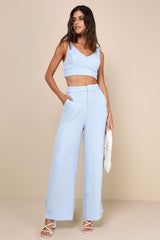 Chic and Sophisticated Light Blue Tweed Cropped Tank Top