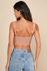 Sultry Beauty Beige Floral Embroidered Mesh Bustier Top