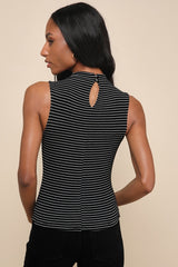Irresistibly Chic Black Striped Funnel Neck Tank Top