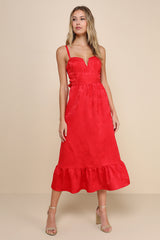 Major Perfection Red Floral Jacquard Midi Dress with Pockets