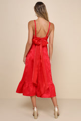 Major Perfection Red Floral Jacquard Midi Dress with Pockets
