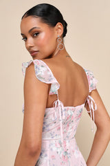 Delightful Direction Blush Floral Ruffled Tie-Strap Midi Dress