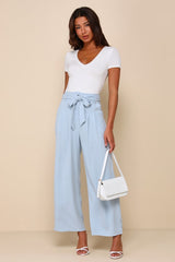 Trend Alert Light Blue Belted High-Waisted Wide-Leg Pants