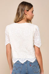 Vintage Aesthetic Ivory Embroidered Tie-Front Fringe Hem Top