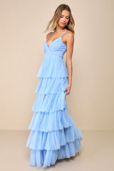 Rule the Runway Light Blue Tulle Surplice Tiered Maxi Dress