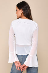 Thriving Flirt White Chiffon Ruffled Long Sleeve Tie-Front Top