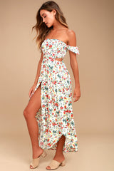 Easy on the Eyes Cream Floral Print Off-the-Shoulder Maxi Dress