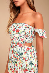 Easy on the Eyes Cream Floral Print Off-the-Shoulder Maxi Dress