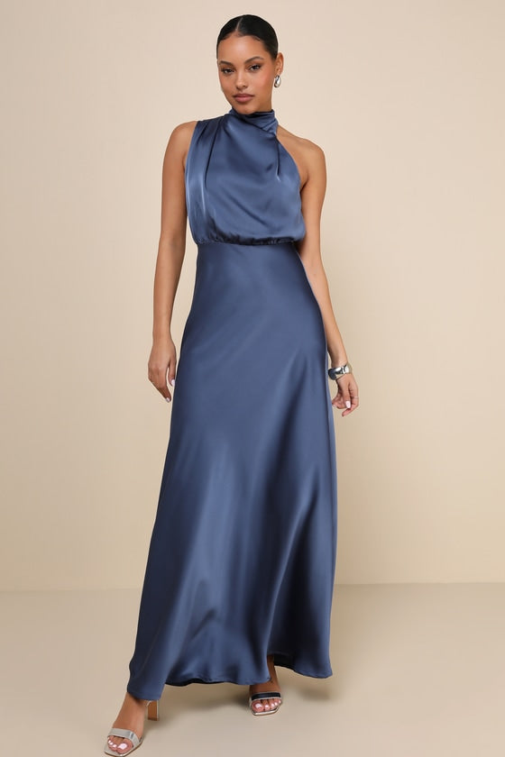 Distinctive Charm Slate Blue Satin Asymmetrical Maxi Dress