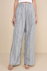 Breezy Getaway Blue and White Striped Linen Wide-Leg Pants