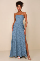 Garden of Romance Dusty Blue Floral Burnout Strapless Maxi Dress