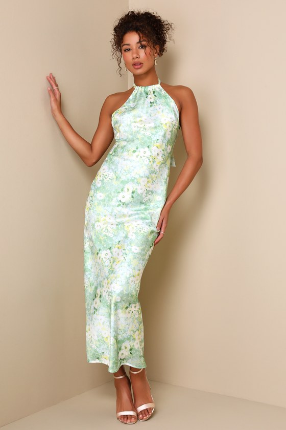 Glowing Presence Light Green Floral Satin Halter Maxi Dress