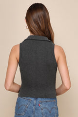 Feeling Trendy Charcoal Grey Textured Ribbed Collared Tank Top