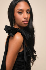 Gorgeous Purpose Black Satin Pleated Sleeveless Bow Maxi Dress