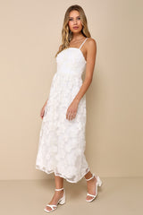 Delightful Charisma White Embroidered Sequin Mesh Midi Dress