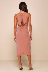Amalfi Muse Rust Brown Striped Cutout Faux Wrap Midi Dress