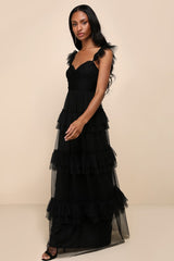 Pure Radiance Black Mesh Swiss Dot Tiered Maxi Dress
