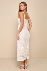 Sunset Vibes Light Beige Crochet Sleeveless Midi Dress