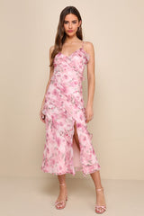 Dreamy Personality Pink Floral Ruffled Sleeveless Midi Dress