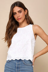 Pleasant Personality White Floral Embroidered Crew Neck Tank Top