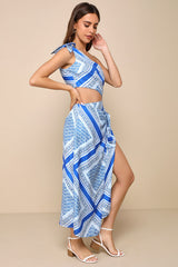 Vacay Beauty Blue Scarf Print One-Shoulder Tie-Strap Midi Dress