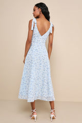 Charismatic Persona Light Blue Floral Tie-Strap Midi Dress