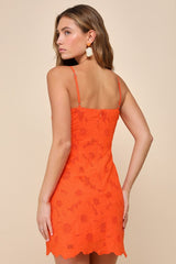 Sunny Glow Orange Embroidered Floral Sleeveless Mini Dress