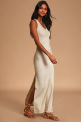 Relaxed but Not Least Beige Ribbed Sleeveless Maxi Dress