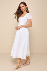 Stylish Merriment White Puff Sleeve Embroidered Midi Dress