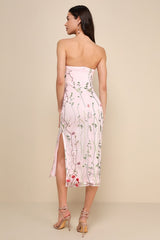 Bold Botanicals Pink Floral Embroidered Strapless Midi Dress