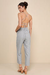 Charming Vacay Ivory and Blue Striped Lace-Up Jumpsuit