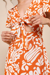 Energetic Charm Rust Orange Abstract Tie-Front Midi Dress