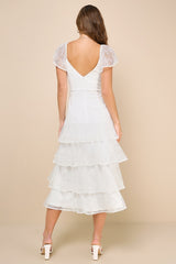 Graceful Darling White Lace Flutter Sleeve Tiered Midi Dress
