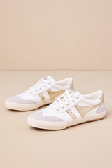 Badminton Off White and Gold Color Block Suede Leather Sneakers