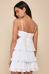 Sleek Dedication White Satin Plisse Cutout Tiered Mini Dress