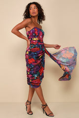 Uncommon Aesthetic Black Floral Strapless Bodycon Midi Dress