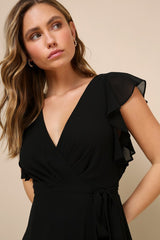 Ravishing Charm Black Ruffled Wrap High-Low Maxi Dress