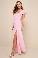 Simply Delightful Pink Tie-Back Flutter Sleeve Maxi Dress